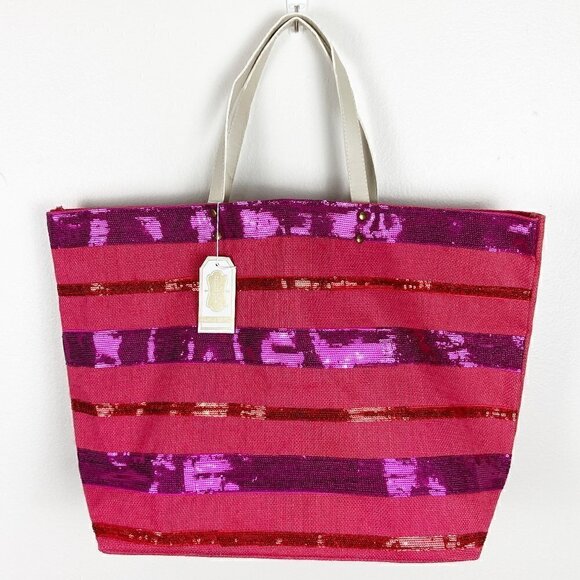 Mud Pie Handbags - MUD PIE | Dazzle Jute Red Hot Pink Sequin Stripe Large Tote Bag